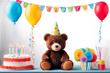 Happy birthday party set with bear, isolated for card, invitation. Watercolor teddy bears, cake, gift and balloon, Generative AI