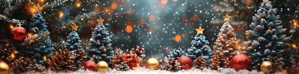 Fototapeta premium Cozy Christmas Evening - Snow-Covered Festive Scene with Glowing Trees and Garland Decor
