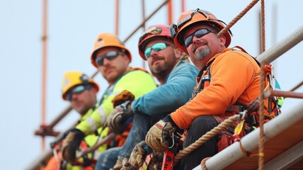 Four workers in safety gear enjoying a break during construction.