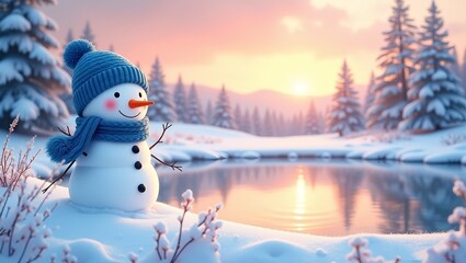 Obraz premium illustration of a snowman cuteness wearing a cozy blue knit hat and a snug scarf pond in a snow-blanketed meadow warm oranges and pinks across the sky