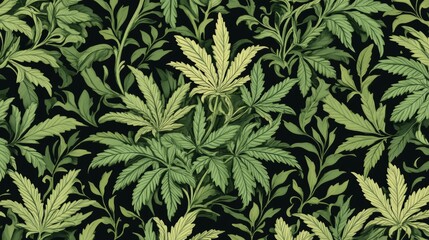 Naklejka premium Dark elegance, seamless vector pattern of stylized green leaves on black background for sophisticated designs