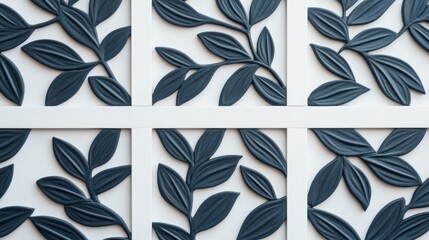 Fototapeta premium Striking contrast, four dark leaves on a pristine white background, minimalist composition