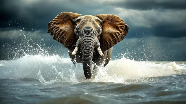 Majestic Elephant Splashing Through Waves Under Stormy Sky in Dynamic Natural Environment