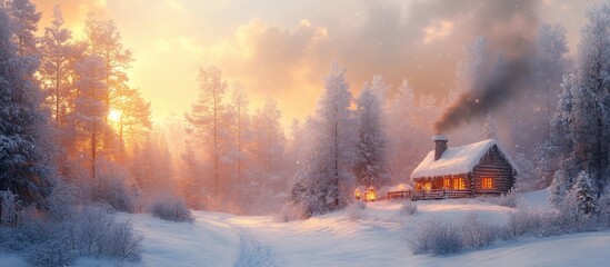 Serene Winter Sunrise over Tranquil Snow-covered Forest and Cozy Cabin