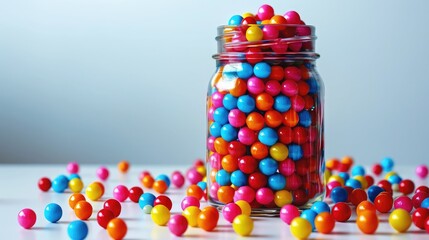 Whimsy Wonderland: Vibrant jar containing small, colorful balls in playful, whimsical hues on a white transparent background