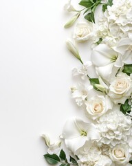 Obraz premium A monochromatic white floral frame with white roses, lilies, and hydrangeas on a white background