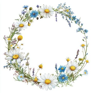A playful circular frame with daisies, chamomile, and colorful small wildflowers on a white background