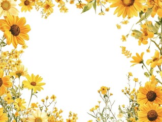 Fototapeta premium A golden yellow floral frame with marigolds, sunflowers, and small yellow daisies, bright and cheerful, on a white background