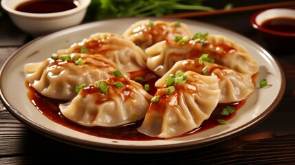 Traditional Chinese Dumplings with Sauce and Fresh Herbs 