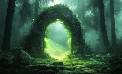 Obraz premium Enchanted Portal: Tree Arch Leading to Fantasy Dimension in Lush Green Forest - 3D Fantasy Artwork