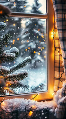 A cozy window scene with snow gently falling outside, soft flakes landing on the glass, creating a frosted texture. In the view, there is a snowy landscape with evergreen trees covered in white