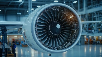 Fototapeta premium A close-up view of a jet engine, showcasing its intricate design and mechanics within an aircraft manufacturing facility.