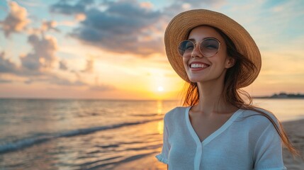 A cheerful woman stands near the shore, basking in the golden glow of a summer sunset with a radiant smile, embodying bliss