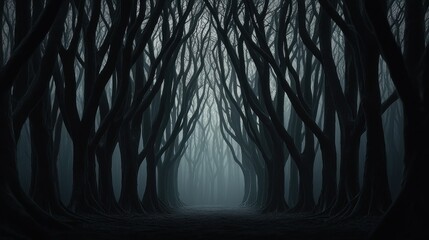 Obraz premium A dark, eerie forest with twisted branches creates a spooky atmosphere, inviting curiosity and a sense of mystery.
