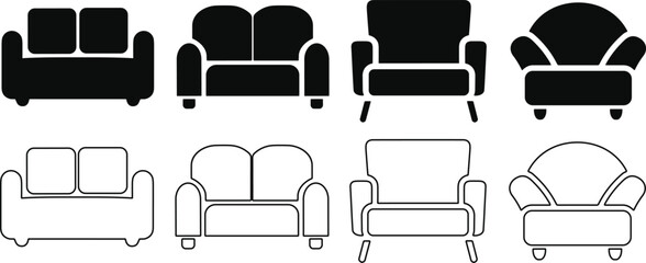 Sofa silhouettes set, couch pack of vector design