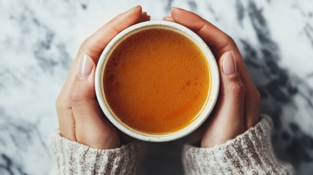 Warm hands holding a mug of golden bone broth. Perfect for blogs on health, wellness, and comfort food.