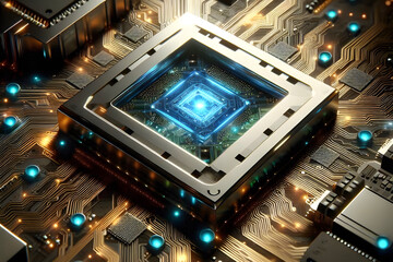 Fototapeta premium A sprawling view of a motherboard imagined as a digital highway system, with flowing lines of code traveling along the circuit paths