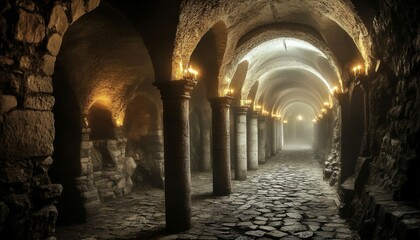Obraz premium Illuminated candles lighting the dungeon passage along a stone path
