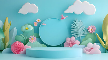 Product banner, podium platform with geometric shapes and natural background, 3d paper and paper illustration.