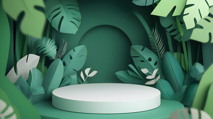 podium platform with geometric shapes and natural background, paper illustration and 3d paper.