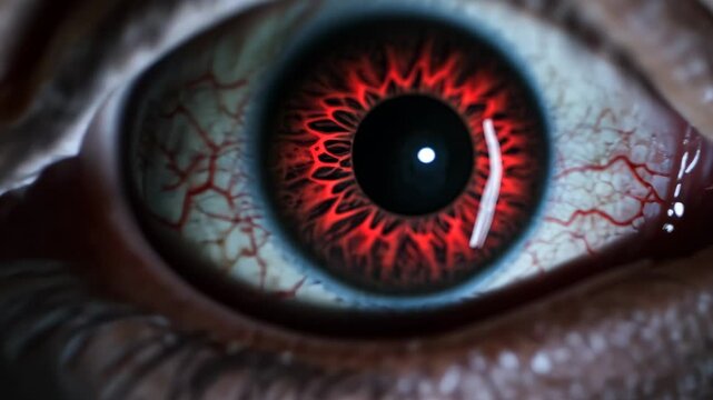 Dramatic Close-Up of an Eye with Red Colors and Intricate Blood Vessels for Artistic Visuals