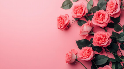 pink roses with green leaves on the right, with a pink and white gradient background.