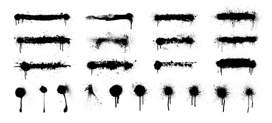 Dirty spray graffiti lines with splashes and dripping paint. Spray paint spray marks for text and background, grunge lines with splatters. Graffiti stencil texture, vector template. Ink graphic box