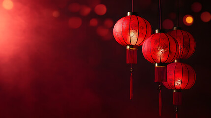 four red lanterns, with a red and black gradient background with a Chinese New Year motif. with the concept of bokeh light.
