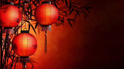 red lanterns, and bamboo trees on the left, with a red background with black gradations, and with a bokeh light concept.