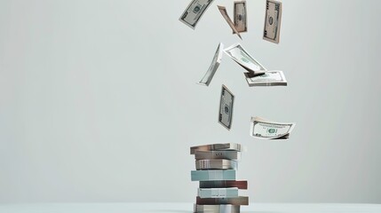 Falling Money and Money Stack on White Background, Symbol of Wealth and Prosperity, Currency Display.