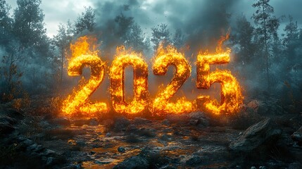 Fiery 2025 in Smoky Forest Setting