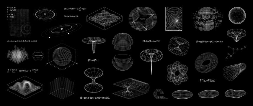 Scientific geometric and physical drawings with formulas. 3D drawings, science fiction, quantum physics with geometric figures, school board. Science fiction set, higher mathematics. Vector graphics