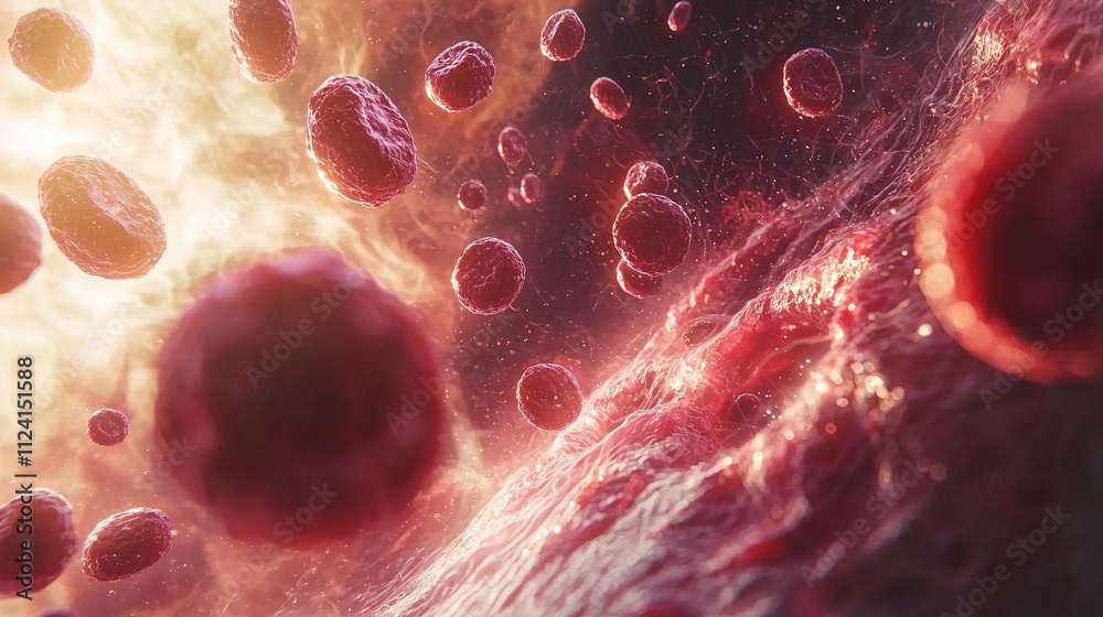 Poster A close-up view of red blood cells flowing through a blood vessel with a dynamic background Stock Photo with side copy space