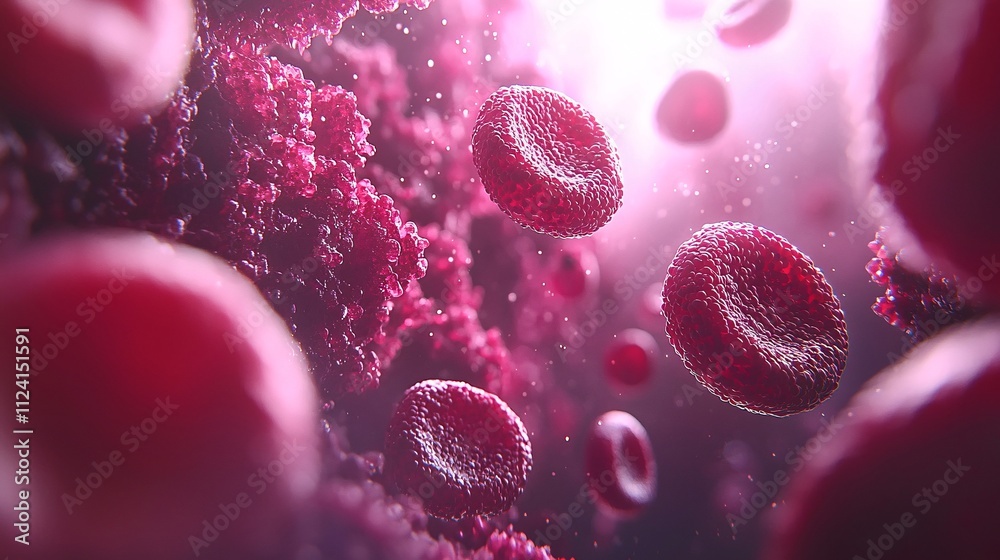 Poster A close-up view of red blood cells flowing through a blood vessel with a dynamic background Stock Photo with side copy space