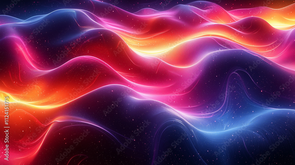 Wall mural undulating waves of pink and blue neon light create a tranquil yet dynamic pattern across a starlit 