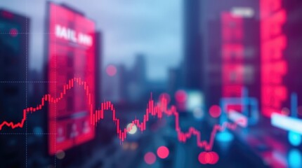 A blurred cityscape featuring a stock market graph overlay, symbolizing financial trends.