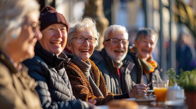 Smiling seniors enjoying time together at an outdoor café.