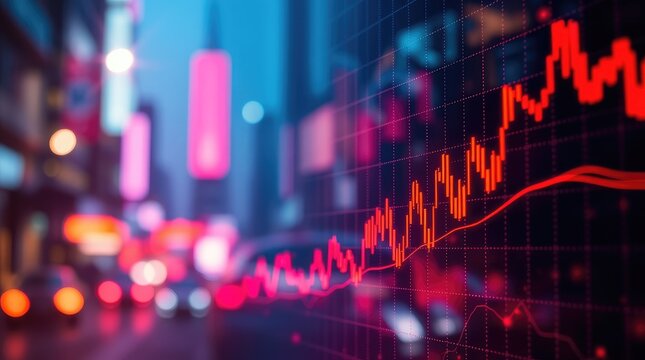 A blurred cityscape with a digital stock market graph overlaying vibrant lights.