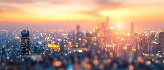 Fototapeta premium Golden hour city rooftop view with blurred twilight skyline, night lights, and evening party atmosphere