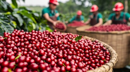 Coffee Workers Harvesting Beans on Hillside Plantation