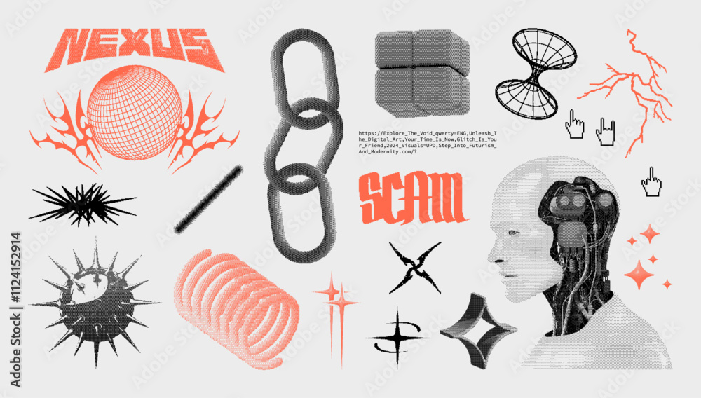 Poster Bitmap style shapes, digital art in halftone effect. Retrofuturistic graphic pack with 3D universal geometric shapes, neo tribal, y2k elements. Trendy acid collection, y2k, 3D digital design. Vector