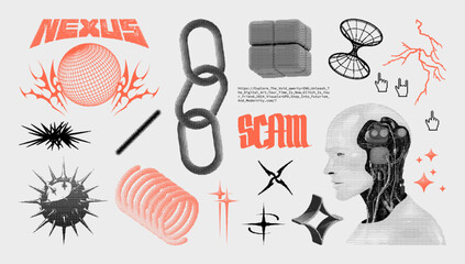 Bitmap style shapes, digital art in halftone effect. Retrofuturistic graphic pack with 3D universal geometric shapes, neo tribal, y2k elements. Trendy acid collection, y2k, 3D digital design. Vector © SergeyBitos