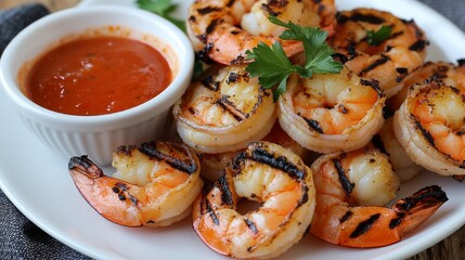 Grilled Shrimp with Sauce and Garnish on Plate