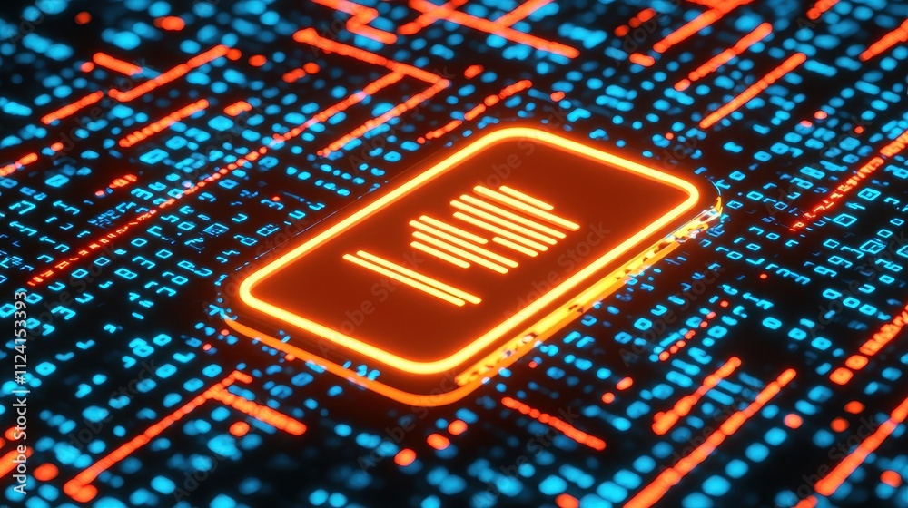Poster a vibrant digital circuit board featuring glowing data patterns and a highlighted rectangular elemen