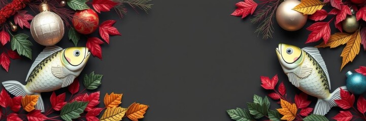 A decorative fishing themed frame with vibrant fish, leaves, and ornaments, ideal for greeting cards and creative projects, frame, copy space, ornaments