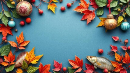 A decorative fishing themed frame with vibrant fish, leaves, and ornaments, ideal for creative projects, greeting cards, with copy space, greeting card, elements, fishing