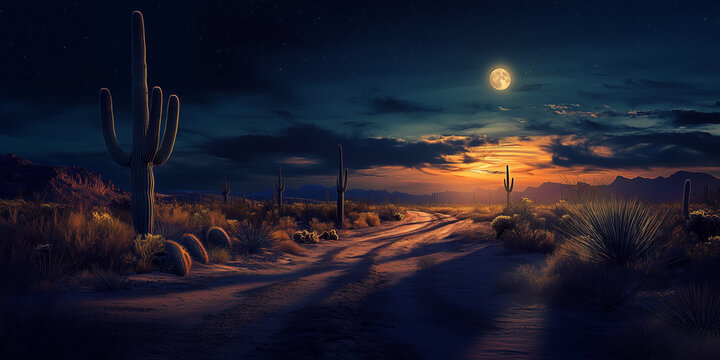 A full moon shining above a desert landscape with cactus silhouette