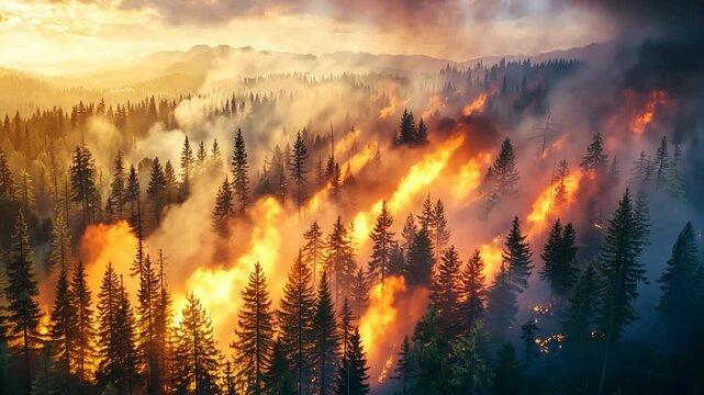 Dramatic Forest Fire at Sunset with Flames and Smoke Engulfing Tree Line in Mountain Landscape