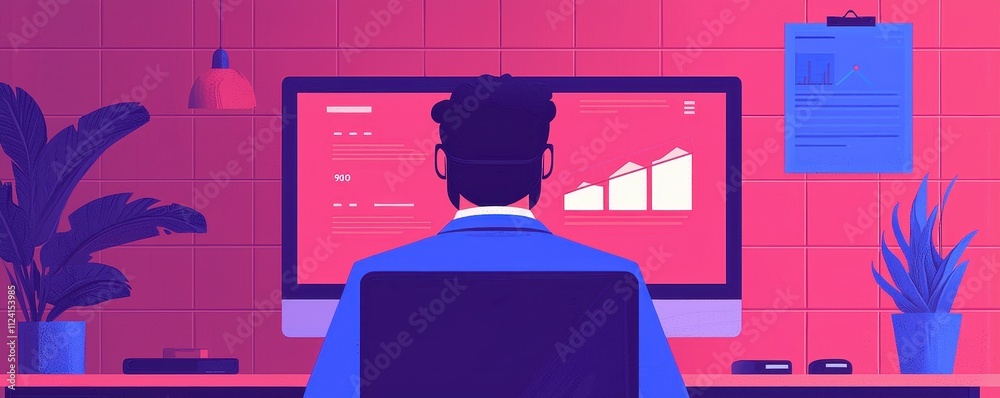 Poster a person working at a computer, analyzing graphs and data in a colorful and modern workspace.