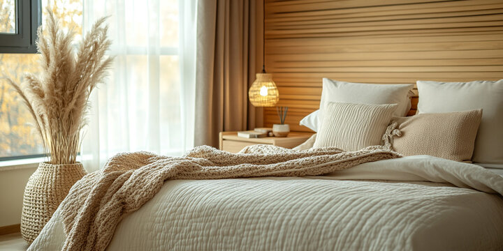 Cozy bedroom with soft neutral hues, light wood decor, and plush bedding for ultimate comfort